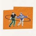 Contemporary art collage. Stylish young people actively dancing, boogie woogie over orange background