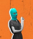 Contemporary art collage. Stylish young woman in retro styled dress in neon green balaclava isolated over orange