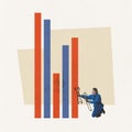 Contemporary art collage. Technician worker, man fixing current company analytics. Business graphs