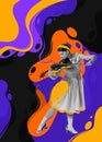 Contemporary art collage. Tender young woman playing violin, making performance over colorful splashes