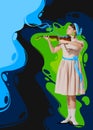 Contemporary art collage. Tender young woman playing violin, making performance over colorful splashes