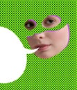 Contemporary art collage. Tender young woman in superhero mask isolated over green background. Cartoon character