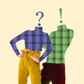 Modern art collage. Two young people, man and woman in checkered retro style clothes posing headed with punctuation Royalty Free Stock Photo