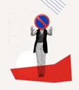 Contemporary art collage. Woman with No waiting road sign head symbolizing deadlines