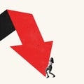 Contemporary art collage. Woman, office worker trying to rise up falling arrow. Saving company from financial default