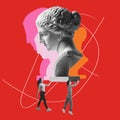 Contemporary art collage. Women carrying big antique statue bust over red background. Art exhibition Royalty Free Stock Photo