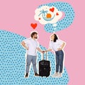 Contemporary art collage. Young loving couple travelling together in summer. Retro style design. Concept of travelling