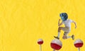 Contemporary art collage with young man with plaster head of ancient statue jumping on lollipops isolated on yellow