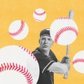 Contemporary art collage. Young man, professional sportsman playing baseball over yellow background with baseball balls