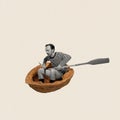 Contemporary art collage. Young man sailing on boat made from nutshell. FUnny and creative design