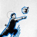 Contemporary art collage. Young man, volleyball player performing kick ball with hands and blue silhouette against white Royalty Free Stock Photo