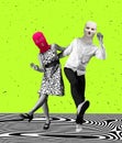 Contemporary art collage. Young stylish couple, man and woman dressed in retro style, wearing balaclavas and dancing