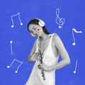 Contemporary art collage of young tender woman in headphones with flute isolated over blue background with notes Royalty Free Stock Photo