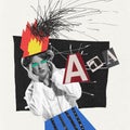 Contemporary art collage. Young woman, employee having burning deadlines. Time management