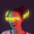 Contemporary art collage. Young woman with half pixel head surrounded by neon digital lettering isolated over dark Royalty Free Stock Photo