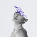 Contemporary art collage. Young woman in monochrome filter with violet flowers growth from eyes symbolizing passivity