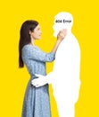 Contemporary art collage. Young woman tenderly touching silhouette of man isolated over yellow background