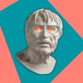 Contemporary art concept collage with antique statue head in a zine culture style. Male face with glasses. Royalty Free Stock Photo