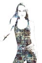 Contemporary art fashion background. Beautiful female silhouette on newspaper texture