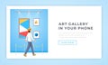 Contemporary art gallery landing page template. Male museum exhibition visitor looking at abstract paintings cartoon Royalty Free Stock Photo