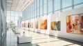 Contemporary art gallery with beautiful bright modern paintings displayed on minimalist white walls. Sunlight penetrates in