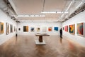 A contemporary art gallery featuring track lighting, white gallery walls,