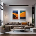 A contemporary art gallery-inspired living room with white walls, track lighting, and modern sculptures2