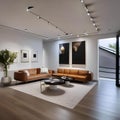 A contemporary art gallery-inspired living room with white walls, track lighting, and modern sculptures3