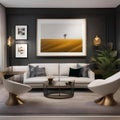 A contemporary art gallery-inspired living room with white walls, track lighting, and modern sculptures1