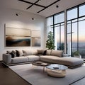 A contemporary art gallery-inspired living room with white walls, track lighting, and modern sculptures5