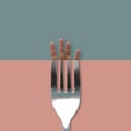 Contemporary art-hand and fork on blue, pink background