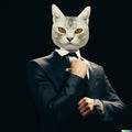 Contemporary art, man headed by cat\'s head in a business style suits isolated on a black color background. Trendy collage in