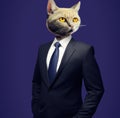 Contemporary art, man headed by cat\'s head in a business style suits isolated on a deep blue color background.