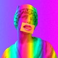 Contemporary art minimal concept collage. Antique statue male and human mouth. Rainbow colors. LGBT, pride, free love concept