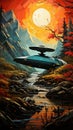 Contemporary Art Oil Painting With Vibrant Colors of The Star Trek Enterprise Background