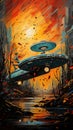 Contemporary Art Oil Painting With Vibrant Colors of The Star Trek Enterprise Background