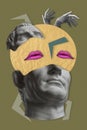 Collage with human face of antique sculpture in dadaism style. Contemporary art poster with ancient statue head. Funky