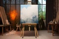 Contemporary art studio Wooden easel, blank canvas, a thriving artists sanctuary Royalty Free Stock Photo