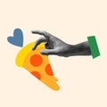 Contemporary art work. Female hand with slice of italian pizza on light background, Illustraition. Concept of symbolism