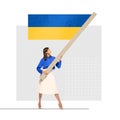 Contemporary art. Young woman rising flag of Ukraine, promoting ukrainian business and culture