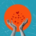 A contemporary artistic collage featuring hands and flying hearts within an orange circle