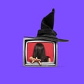 Contemporary art collage. Composition with young scary witch in retro tv set isolated on purple background. Holiday