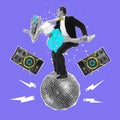 Contemporary art collage. Creative design. Passionate couple dancing tango at disco party isolated on blue background Royalty Free Stock Photo