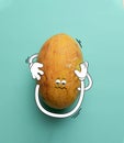 Contemporary artwork. Cute sad yellow watermelon thinking isolated over blue background. Drawn fruit in a cartoon style