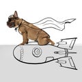 Contemporary artwork. One cute funny dog like superhero isolated on white studio background in neon with drawings.