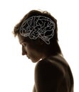 Contemporary artwork. Silhouette of young man with neon drawings of brain in his head. Artwork. Artificial intelligence Royalty Free Stock Photo