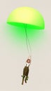 Contemporary arwork of smiling girl flying on neon green baloon dressed as garderner. Ad.