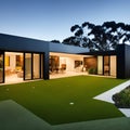 A contemporary Australian home or residential buildings front yard features artificial grass lawn turf with timber edging Royalty Free Stock Photo