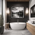 Contemporary Bathroom with Floating Vanity and Single Frame Mockup Royalty Free Stock Photo