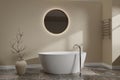 Contemporary Bathroom with floor tub interior, with round mirror